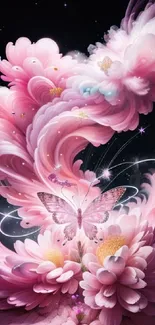 Pink fantasy art with butterflies and flowers.