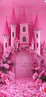 Pink castle with flowers in a dreamy setting.