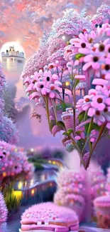 Fantasy landscape with pink flowers and a magical tower in a whimsical scene.