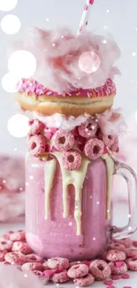 Pink dessert wallpaper with cotton candy, donut, and cereal.