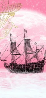 Fantasy ship sailing under a pink sky with fairy design.