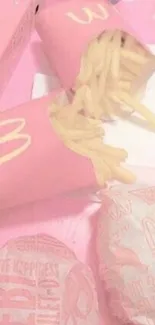 Pink fast food wallpaper with fries and burger in aesthetic pastel tones.