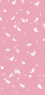 Pink wallpaper with delicate white feathers.