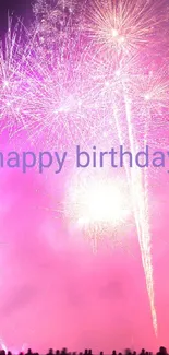 Vibrant pink fireworks birthday wallpaper with text 'happy birthday'.