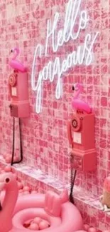 Pink flamingo-themed wallpaper with neon sign and playful decor.