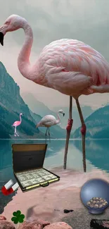 Surreal flamingo wallpaper with mountains, briefcase, and dream elements.