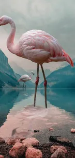 Pink flamingos standing by a mountain lake with scenic reflections.