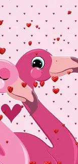 Charming pink flamingo wallpaper with hearts.