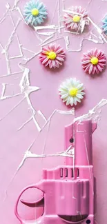 Abstract pink wallpaper with shattered glass and vibrant flowers.