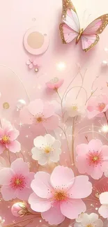 Pink floral wallpaper with butterflies and delicate blossoms.