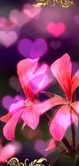 Pink flowers with hearts and golden accents on a vibrant wallpaper.