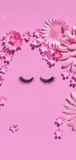 Pink floral art with flowers and eyelashes on a soft pink background.