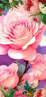 Pink roses and colorful floral art wallpaper for mobile.