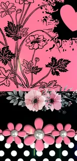 Pink floral art wallpaper with heart design.