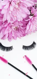 Pink floral wallpaper with lashes and mascara brushes.