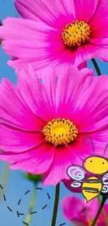 Bright pink cosmos flowers with a cartoon bee, perfect mobile wallpaper.