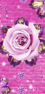 Pink floral wallpaper with a central rose and brick texture.