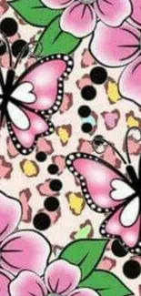 Pink floral and butterfly wallpaper with cheetah print background.