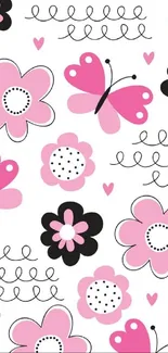 Pink floral and butterfly mobile wallpaper pattern.