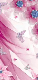 Pink floral and butterfly mobile wallpaper with elegant design.