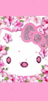 Pink floral wallpaper with cute character and jewel accents.