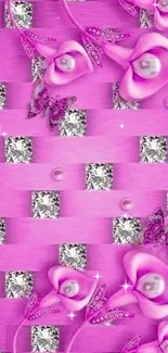 Luxurious pink floral wallpaper with diamonds and pearls.