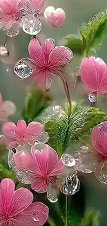 Delicate pink flowers with dewdrops on a vibrant green background.