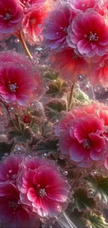 Vibrant pink flowers with dew drops on a wallpaper background.
