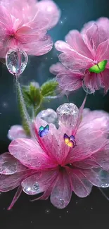 Pink flowers with dewdrops and butterflies in dark blue background.