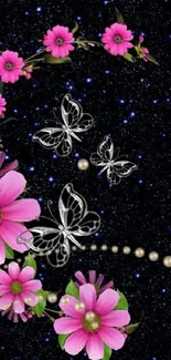 Mobile wallpaper with pink flowers, butterflies, and a black galaxy background.