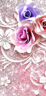 Pink glitter wallpaper with delicate roses.