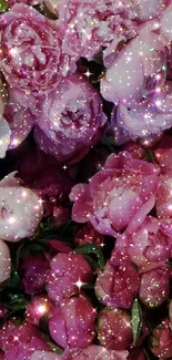 Mobile wallpaper with pink floral and glitter effect.