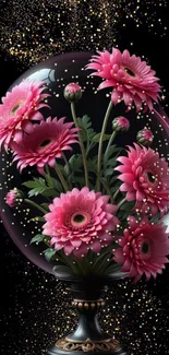 Pink flowers enclosed in a glass globe on a dark background.