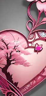 Romantic pink heart with cherry blossoms and floral design.