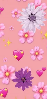 Pink floral wallpaper with hearts and flowers in a romantic design.