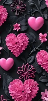 Vibrant pink floral hearts on black background.