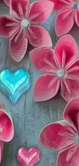 Pink flowers with turquoise heart on wallpaper.