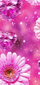 Pink floral heart wallpaper with sparkling flowers.