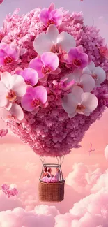 Pink floral hot air balloon in serene skies.