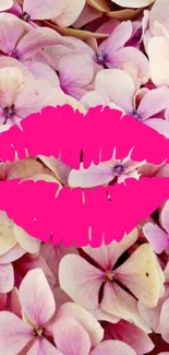 Pink lips and floral background wallpaper with hydrangea flowers.