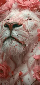 Lion with pink floral mane in serene portrait.