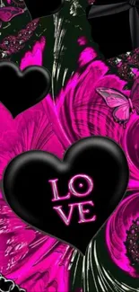 Pink and black floral wallpaper with hearts and butterflies.