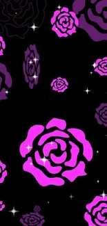 Vibrant pink floral design on a black background with multiple rose patterns.