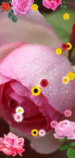 Pink rose with dewdrops and small flowers on mobile wallpaper.