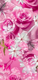 Pink floral wallpaper with roses and butterflies.