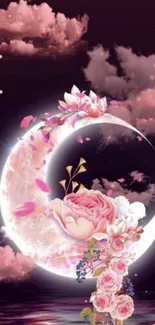 Pink floral moon with soft clouds and flowers mobile wallpaper.