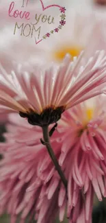 Pink flowers with 'I Love You Mom' message for mobile wallpaper.