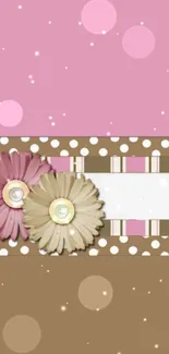 Pink floral wallpaper with polka dots and vintage design.