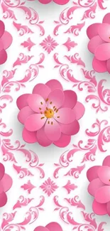 Pink floral pattern wallpaper, intricate flower designs.