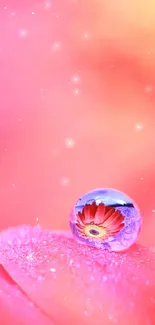 Pink flower reflection in a dew drop on vibrant wallpaper.